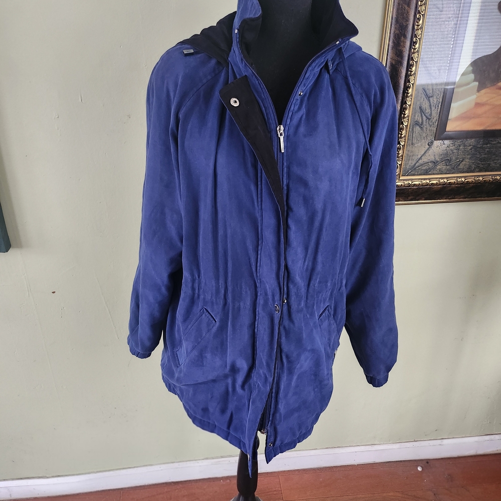 London Fog Navy Blue Faux Suede Hooded Quilted Parka Size M
